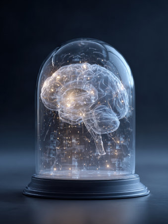 A brain encased in a transparent dome displays intricate data projections, with the right hemisphere visually opened, illustrating advanced cognitive concepts.の素材