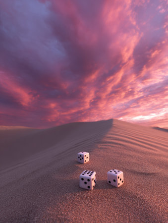 Dice are scattered on a smooth sand dune as vibrant colors paint the sky during a stunning sunset, creating a tranquil yet surreal atmosphere.の素材