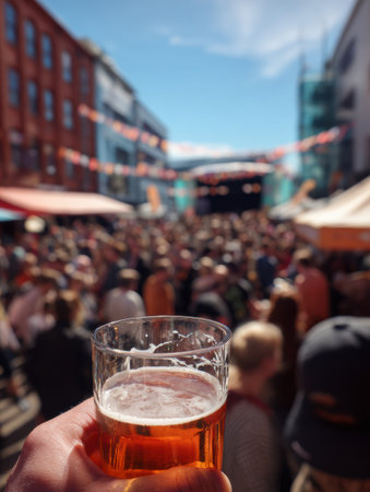 A close-up of a glass of beer highlights the enjoyment of a vibrant festival filled with people, food stalls, and festive decorations on a sunny day.の素材