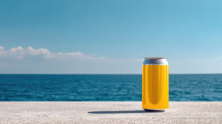 A bright yellow beer can stand against a serene ocean backdrop, under a clear blue sky, capturing the essence of a sunny day by the water.の素材