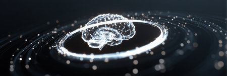 An abstract digital representation features a glowing brain icon surrounded by flowing data, creating a sense of connectivity and advanced technology.の素材