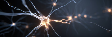 Abstract representation of a neuron network illustrating light paths and mental connections, with an empty top space suggesting potential and creativity.の素材