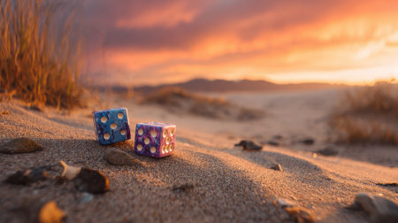 Colorful dice lay on warm sand, surrounded by an empty landscape as a breathtaking sunset fills the sky with vibrant hues of orange and purple.の素材