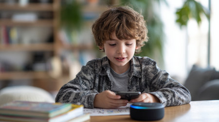 A child engages with an AI voice assistant while solving a math puzzle at a tidy and modern workspace, surrounded by books and learning materials.の素材