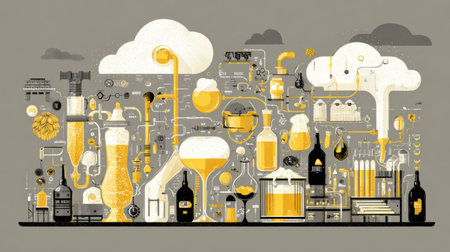 A detailed layout showcases beer molecules and the brewing process, highlighting equipment, ingredients, and production visuals.の素材