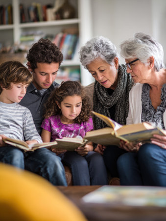 A family gathers in a warm living room, sharing the joy of reading books together, fostering connections across generations and encouraging learning.の素材
