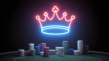 Neon crown radiates above a poker table with an inviting layout of stacked colorful chips, creating a lively and enticing atmosphere for players.の素材