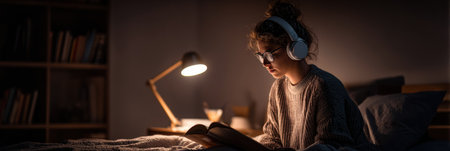 Student unwinds in a cozy bedroom, listening to an audiobook while warm lamp light creates a soothing atmosphere for relaxation and study.の素材