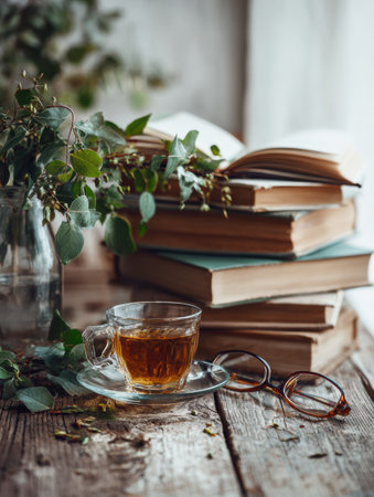 A warm and inviting corner features stacked books, a steaming cup of tea, and fresh leaves, creating a perfect atmosphere for relaxation and reading.の素材