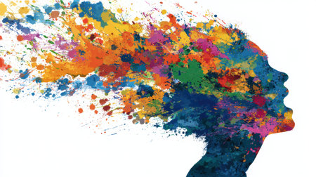 Vibrant splashes of paint burst from a human head silhouette, symbolizing a flow of creativity and imagination in a striking visual representation.の素材