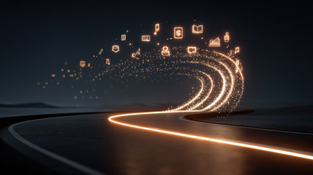 An abstract road curves into a mesmerizing spiral of glowing icons representing reading, music, and knowledge, creating a sense of growth and creativity.の素材