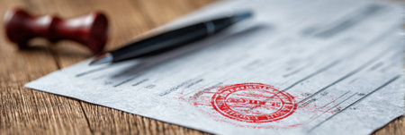 A fake invoice lies on a wooden desk, marked with a prominent red fraud stamp, featuring blank space on the upper left for additional information.の素材