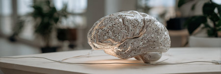 A brain circuit blueprint lies on a clean desk, showing intricate designs with natural light illuminating the area and greenery in the background.の素材