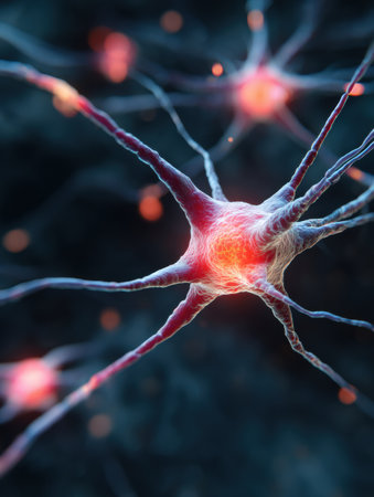 Detailed observation of a neuron displaying intricate structures and glowing connections, showing the complexity of neural networks.の素材