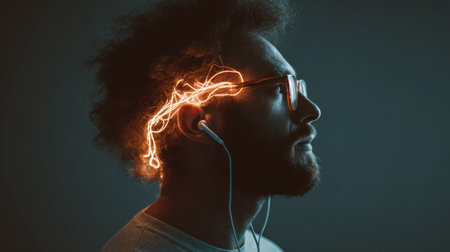 A young man listens through earphones, showcasing glowing brainwave energy lines emerging from his head, creating a striking visual against a dark background.の素材