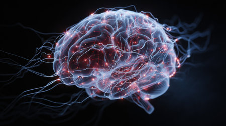 A brain structure formed from tangled wires and shining LEDs illuminates the dark surroundings, highlighting its complex neural network and connectivity.の素材