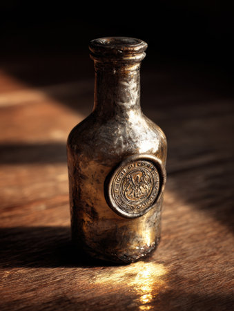 A vintage bottle of aged beer featuring a wax seal is spotlighted on a rustic wooden surface, inviting curiosity and appreciation for its craftsmanship.の素材