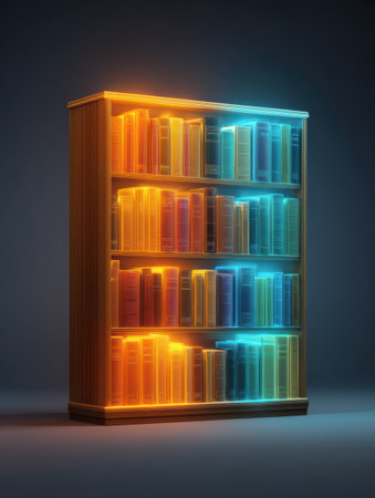 Glowing folders labeled growth, vision, and purpose are displayed in a digital library setting featuring a minimalistic design on the left side.の素材