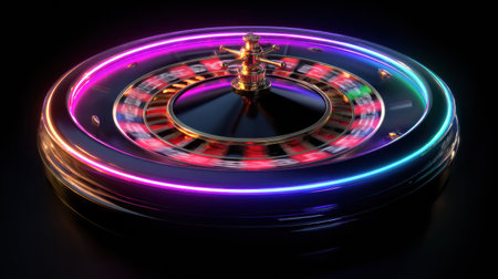 A vibrant 3D neon roulette wheel spins energetically, with colorful lights illuminating the scene in a thrilling display of potential winnings and luckの素材