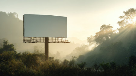 Morning mist envelops a mountain road with a blank billboard standing tall amidst the vibrant green landscape, creating a serene atmosphereの素材