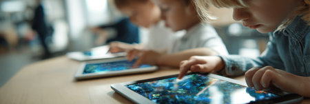 In a bright school environment, children focus on tablets with vivid interfaces, exploring educational content while seated at a table.の素材