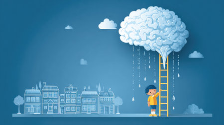 A child on a ladder stands under a brain-shaped cloud, catching knowledge droplets amid outlined houses in a whimsical scene.の素材