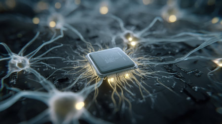 A glowing AI chip is surrounded by illuminated neurons, revealing intricate connections in a dark setting that emphasizes advanced technology.の素材