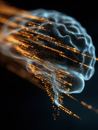 Colorful data streams gracefully move through a translucent brain, symbolizing the interaction between technology and human thought processes.の素材