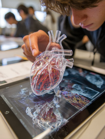 Student engages with an augmented reality 3D model of a heart in a biology class, enhancing understanding of human anatomy and connectivity in education.の素材