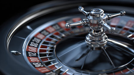 A spinning roulette ball is nearing a number on the wheel, highlighting the tension and excitement of gambling in a dimly lit casino environment.の素材