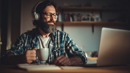 Focused adult learner engages with online studies at home, enjoying a warm beverage while seated comfortably at a desk in the evening light.の素材