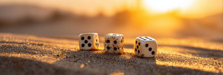 Three dice are positioned on a sandy dune as the sun sets in a vibrant sky, enhancing the serene and surreal ambiance of the empty landscape.の素材