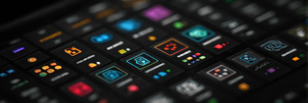 Digital slot icons arranged on a dark panel provide a modern and user-friendly interface, showcasing vibrant colors and clear navigation elements for gaming.の素材