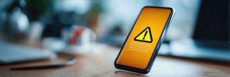 A smartphone shows a warning about possible security risks in a banking app while being used on a desk in a modern workspace environment.の素材