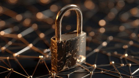 A broken padlock rests on an intricate network wireframe, representing vulnerabilities in digital security within a modern technological landscape.の素材