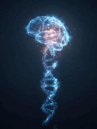 A dynamic transformation shows a DNA strand morphing into a luminous brain against a scientific backdrop, emphasizing innovation and discovery.の素材