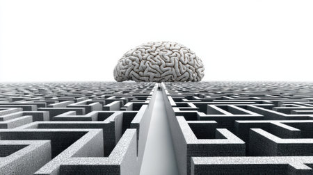 A brain-shaped labyrinth showcases a complex path with a clear exit point above, illustrating a unique blend of intellect and challenge in design.の素材