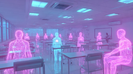 Engaging 3D learning environment showcasing virtual avatars in a classroom with neon highlights, emphasizing collaboration and creativity among students.の素材