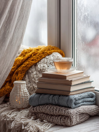 A warm and inviting space features a neatly stacked collection of books, a cup of tea, and soft blankets by a window on a rainy day.の素材