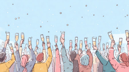 A lively crowd toasting under a bright sky, capturing the spirit of joy and togetherness at a festive celebration.の素材