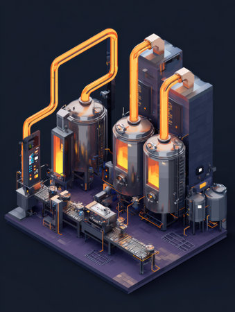 Brewery production line featuring large tanks and glowing orange pipes, showcasing an industrial setup with minimalistic design on one side.の素材