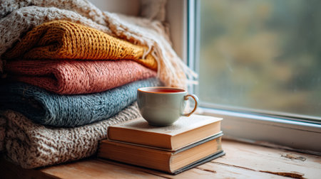 Blankets are neatly piled next to a steaming cup of tea atop a stack of books, all arranged beside a sunny window, creating a warm, inviting atmosphere.の素材