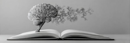 A unique visual of a tree-like brain emerging from an open book illustrates the concept of knowledge and creativity blossoming in an abstract way.の素材
