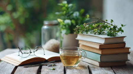Warm sunlight spills into a cozy space where an open book and glasses rest alongside a cup of tea, surrounded by fresh leaves and stacked books.の素材