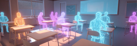 A modern 3D learning space features virtual avatars in a classroom, with neon accents and room for extra activities.の素材