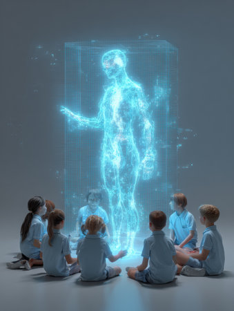 A group of students interacts with a hologram of an AI teacher, exploring new learning methods in a modern classroom environment.の素材