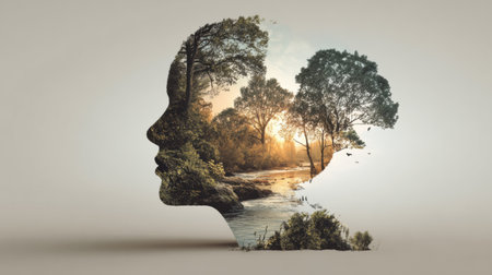 This artwork features a split-face design of a human profile on one side and a vibrant nature scene with trees and a river on the other.の素材