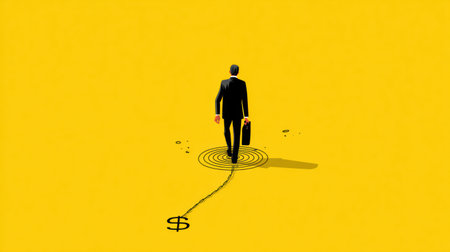 A businessman in formal attire walks toward a trap, attracted by a dollar sign bait on a vibrant yellow background, representing greed or temptation.の素材