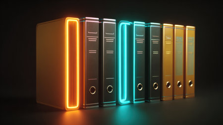 Glowing folders labeled growth, vision, and purpose are displayed in a digital library setting, showing a minimalistic aesthetic with dark tones.の素材
