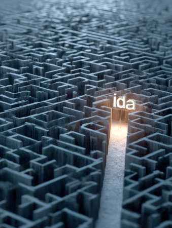 A 3D maze symbolizes a complex thought process, with a bright idea guiding the journey while the right path remains unclear.の素材
